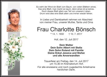 Traueranzeige von Charlotte Bönsch von Frankenpost