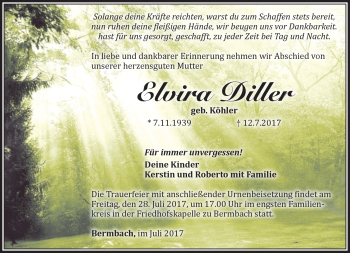 Traueranzeige von Elvira Diller von Südthüringer Presse