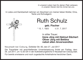 Traueranzeige von Ruth Schulz von Neue Presse Coburg