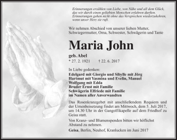 Traueranzeige von Maria John von Südthüringer Presse