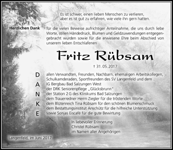Traueranzeige von Fritz Rübsam von Südthüringer Presse