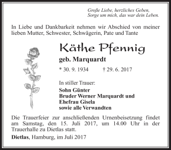 Traueranzeige von Käthe Pfennig von Südthüringer Presse