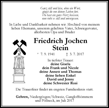 Traueranzeige von Friedrich Jochen Stein von Südthüringer Presse