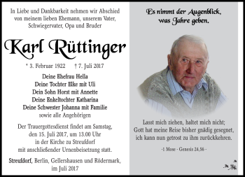 Traueranzeige von Karl Rüttinger von Südthüringer Presse