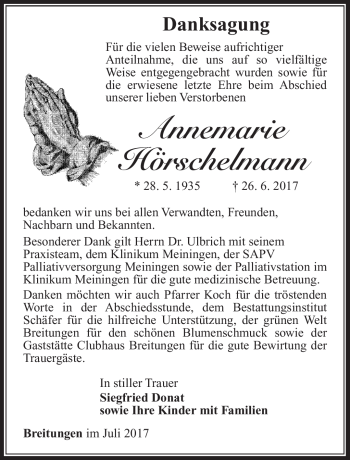 Traueranzeige von Annemarie Hörschelmann von Südthüringer Presse