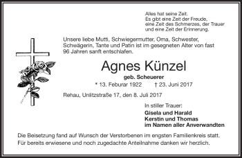 Traueranzeige von Agnes Künzel von Frankenpost