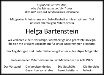 Traueranzeige von Helga Bartenstein von Südthüringer Presse