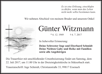 Traueranzeige von Günter Witzmann von Südthüringer Presse