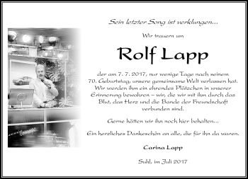 Traueranzeige von Rolf Lapp von Südthüringer Presse