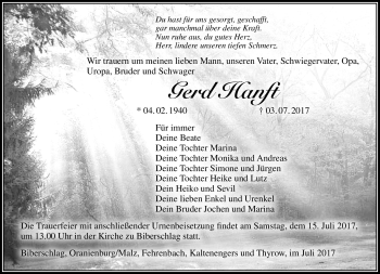Traueranzeige von Gerd Hanft von Südthüringer Presse