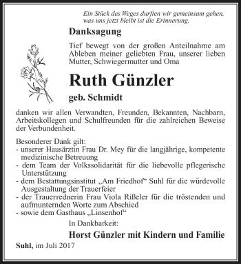 Traueranzeige von Ruth Günzler von Südthüringer Presse