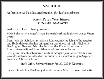 Traueranzeige von Knut Peter Westhäuser von Südthüringer Presse