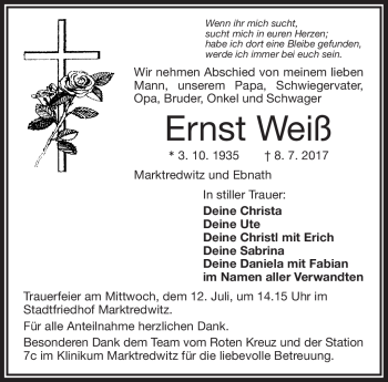 Traueranzeige von Ernst Weiß von Frankenpost