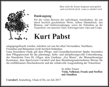 Traueranzeige von Kurt Pabst von Südthüringer Presse