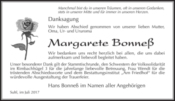 Traueranzeige von Margarete Bonneß von Südthüringer Presse