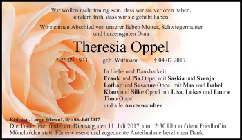 Traueranzeige von Theresia Oppel von Neue Presse Coburg