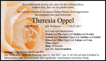 Traueranzeige von Theresia Oppel von Neue Presse Coburg