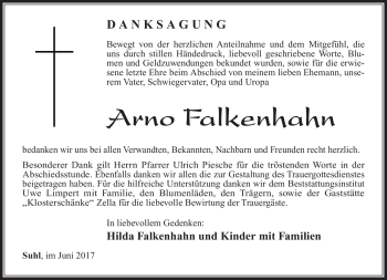 Traueranzeige von Arno Falkenhahn von Südthüringer Presse