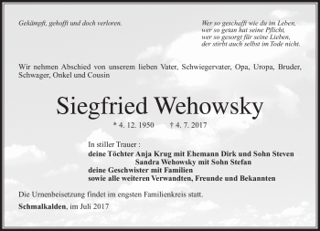 Traueranzeige von Siegfried Wehowsky von Südthüringer Presse