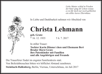 Traueranzeige von Christa Lehmann von Südthüringer Presse