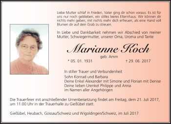 Traueranzeige von Marianne Koch von Südthüringer Presse