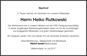 Traueranzeige von Heiko Rutkowski von Südthüringer Presse