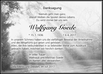 Traueranzeige von Wolfgang Goede von Südthüringer Presse