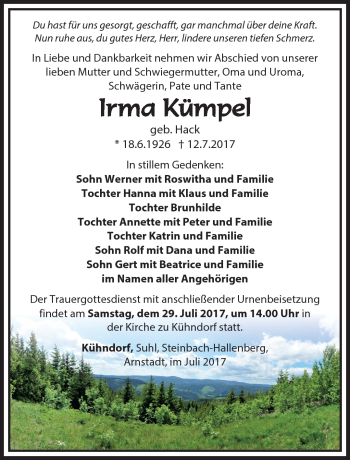 Traueranzeige von Irma Kümpel von Südthüringer Presse