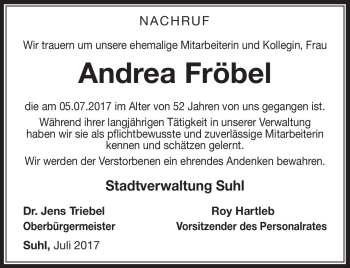 Traueranzeige von Andrea Fröbel von Südthüringer Presse