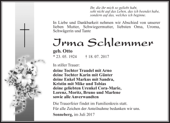 Traueranzeige von Irma Schlemmer von Südthüringer Presse