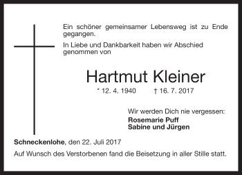 Traueranzeige von Hartmut Kleiner von Neue Presse Coburg