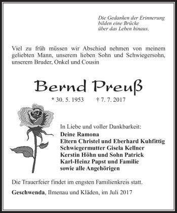 Traueranzeige von Bernd Preuß von Südthüringer Presse
