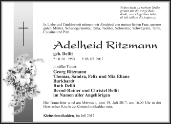 Traueranzeige von Adelheid Ritzmann von Südthüringer Presse