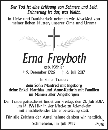 Traueranzeige von Erna Freyboth von Südthüringer Presse