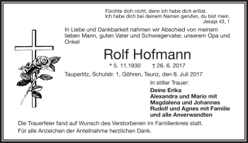 Traueranzeige von Rolf Hofmann von Frankenpost