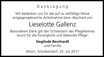 Traueranzeige von Lieselotte Gallenz von Neue Presse Coburg