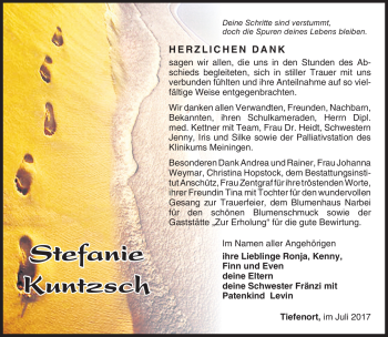 Traueranzeige von Stefanie Kuntzsch von Südthüringer Presse