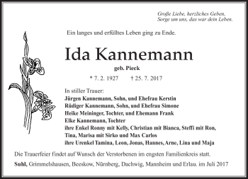Traueranzeige von Ida Kannemann von Südthüringer Presse