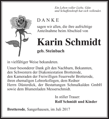 Traueranzeige von Karin Schmidt von Südthüringer Presse