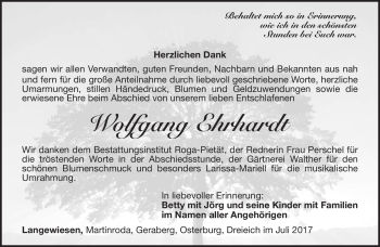 Traueranzeige von Wolfgang Ehrhardt von Südthüringer Presse
