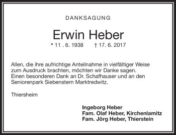 Traueranzeige von Erwin Heber von Frankenpost