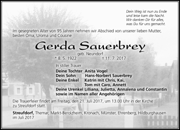 Traueranzeige von Gerda Sauerbrey von Südthüringer Presse