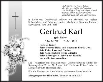 Traueranzeige von Gertrud Karl von Südthüringer Presse
