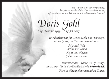 Traueranzeige von Doris Gohl von Frankenpost