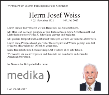 Traueranzeige von Josef Weiß von Frankenpost