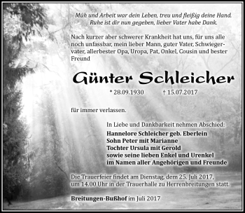 Traueranzeige von Günter Schleicher von Südthüringer Presse