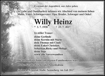 Traueranzeige von Willy Heinz von Südthüringer Presse