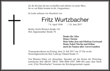 Traueranzeige von Fritz Wurtzbacher von Frankenpost