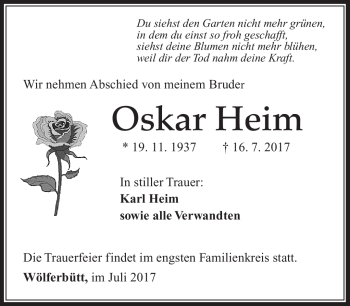 Traueranzeige von Oskar Heim von Südthüringer Presse