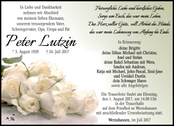 Traueranzeige von Peter Lutzin von Südthüringer Presse